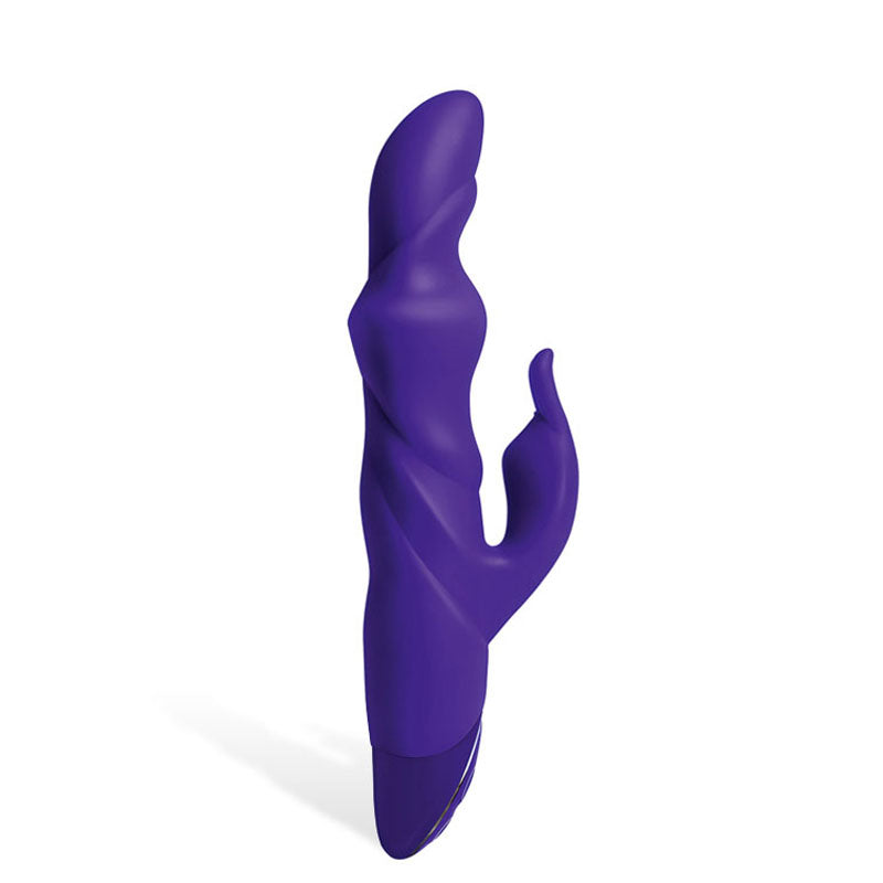 The Adam & Eve THE THRUSTER is a sleek, ergonomic purple vibrator with a thrusting shaft and curved appendage for dual stimulation. Its smooth, slightly glossy silicone surface enhances its modern design. Standing upright and angled to the left, it is USB rechargeable and measures 25.4 cm (10).