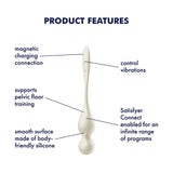 Diagram of the Satisfyer Love Birds 1 - White, highlighting its magnetic charging connections and app-controlled vibration features. It supports pelvic floor and Kegel training with a smooth silicone surface for varied G-spot stimulation, all under Product Features in bold text.