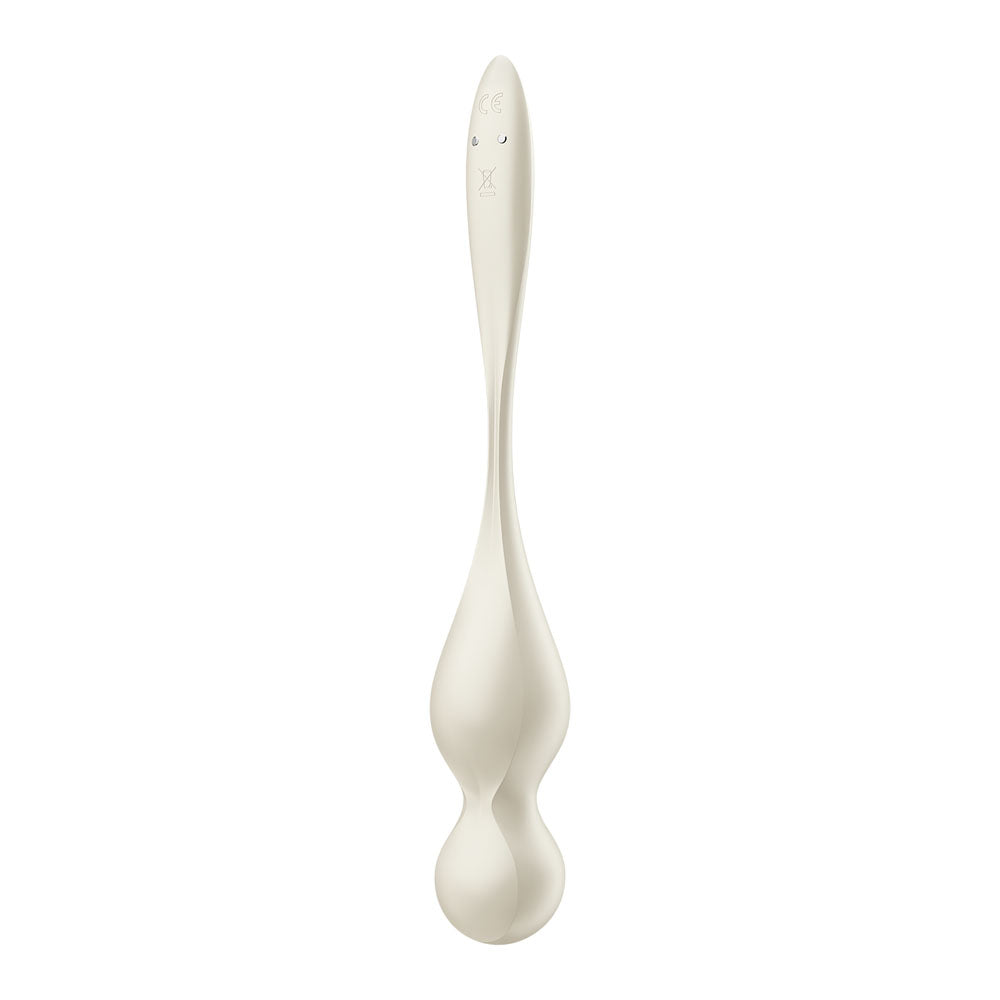 The Satisfyer Love Birds 1 is an elongated, cream-colored pelvic floor trainer with bulbous ends and a smooth texture. Its slightly curved center offers comfort, while the tapered top and rounded bottom enhance effectiveness. Its rechargeable via USB and app-controlled, set against a white background.