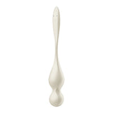 The Satisfyer Love Birds 1 is an elongated, cream-colored pelvic floor trainer with bulbous ends and a smooth texture. Its slightly curved center offers comfort, while the tapered top and rounded bottom enhance effectiveness. Its rechargeable via USB and app-controlled, set against a white background.