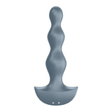 The Satisfyer Lolli-Plug 2 - Gray Vibrating Anal Beads is a wave-shaped silicone object with a curved base featuring two small holes. Its three bulbous sections are designed for ultimate anal pleasure and create a smooth silhouette that stands out against a plain white background.