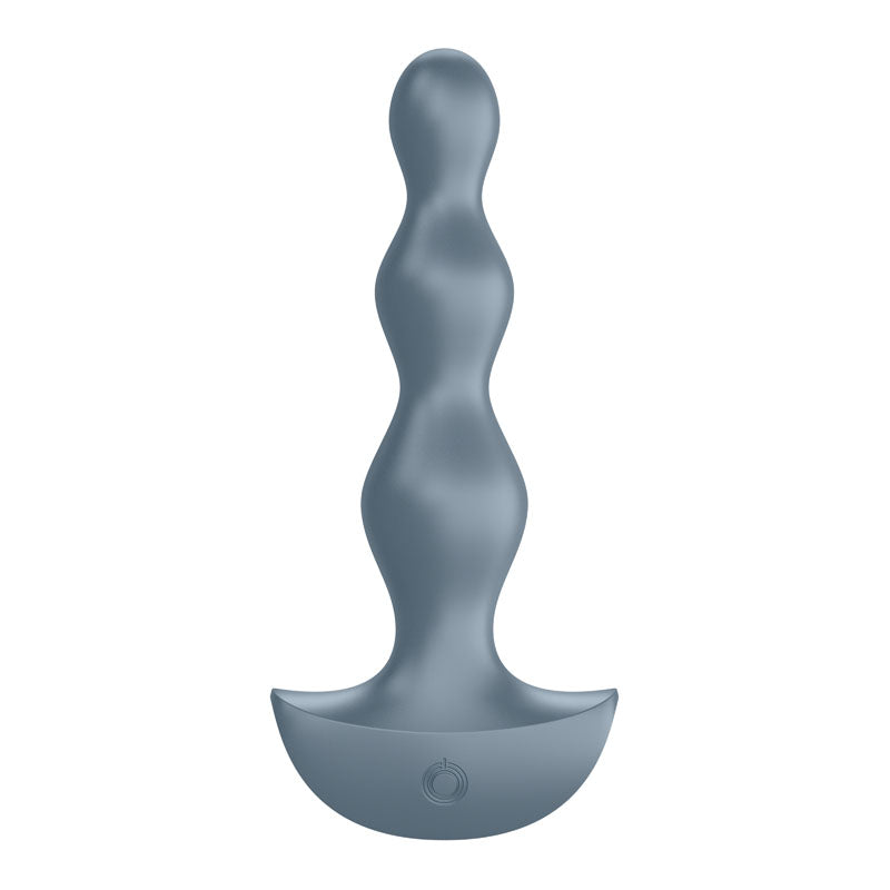 The Satisfyer Lolli-Plug 2 features gray, silicone vibrating anal beads with a wavy, beaded design and flared base. Equipped with a power button for enhanced pleasure, its smooth surface and curved shape ensure ergonomic use, while the matte blue-gray color creates a vibrant experience.