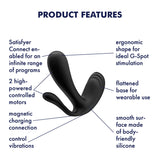 The Satisfyer Top Secret+ is a black silicone vibrator with ergonomic design, featuring a flattened base for wearable use, an elongated shape for G-spot and clitoral stimulation, two motors, magnetic charging, and Satisfyer Connect app control, all on a smooth surface.