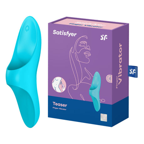 The Satisfyer Teaser - Light Blue USB Rechargeable Finger Stimulator comes in a purple box with line art of a womans face. The light blue finger stimulator features body-friendly silicone, an ergonomic design, a power button, and 15 vibration settings to excite erogenous zones.