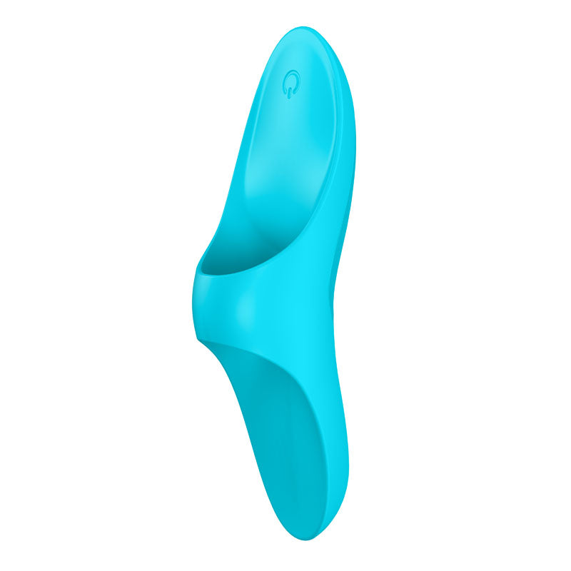 The Satisfyer Teaser is a light blue USB rechargeable finger stimulator with a scoop-shaped funnel, wide curved opening, and narrow spout. Reminiscent of a female urination device in design, it has an ergonomic contour and features a power button symbol inside.