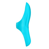 A sleek Light Blue Satisfyer Teaser Finger Stimulator elegantly rests on a white background. Crafted from smooth silicone, its curved design features a subtle middle indentation, perfect for stimulating erogenous zones while maintaining minimalist elegance. USB rechargeable for convenience.