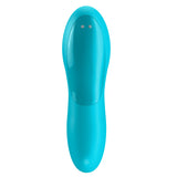 From above, the Satisfyer Teasers sleek, body-friendly silicone surface in uniform light blue offers an elongated oval design. Two small circular buttons near the top exude modern minimalism, enhancing its smooth and shiny allure.