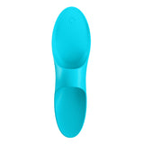 The Satisfyer Teaser is a light blue, USB rechargeable finger stimulator with a smooth, slightly curved, and shiny plastic design. The narrow end is rounded, while the wider end features an ergonomic shape for easy use and gentle vibrating sensations to enhance stimulation.