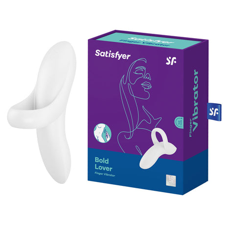 The Satisfyer Bold Lover - White USB Rechargeable Finger Stimulator comes in a stylish purple box with white and teal accents featuring a womans line drawing, and is made of smooth, body-safe silicone for precision stimulation.