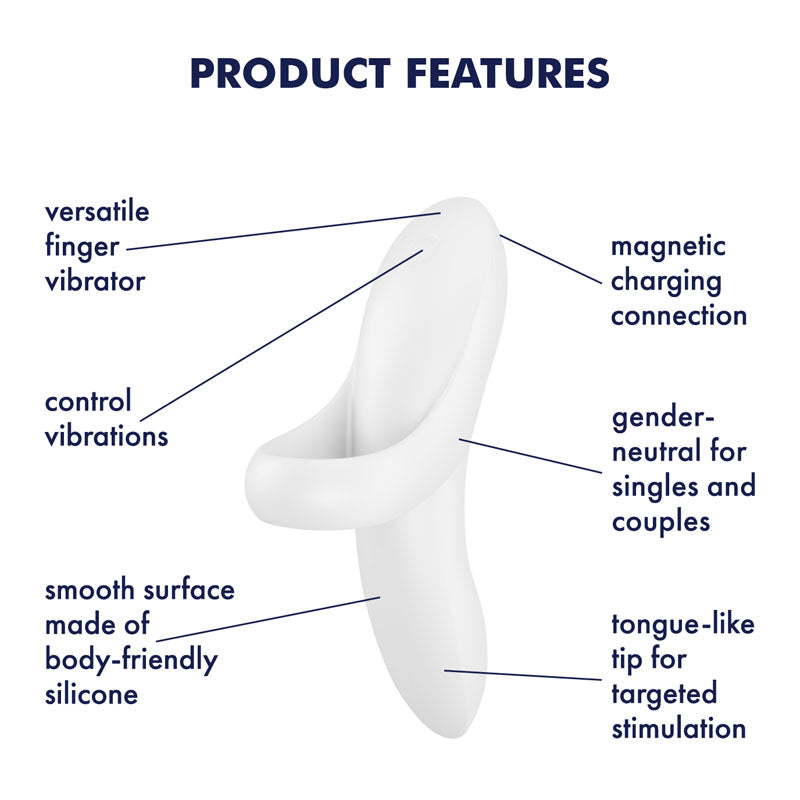 Image of the Satisfyer Bold Lover, a white USB rechargeable finger stimulator with versatile control and a smooth, body-safe silicone surface. It features a tongue-like tip for targeted stimulation, ideal for singles and couples seeking a gender-neutral experience.