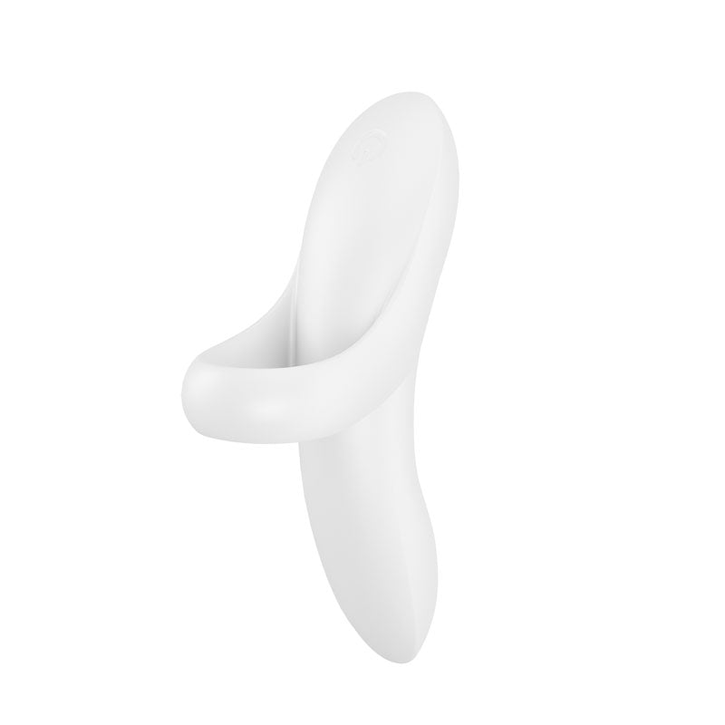 The Satisfyer Bold Lover - White USB Rechargeable Finger Stimulator is a white, smooth silicone object with a curved central form and a loop. Minimalist in design, it offers targeted stimulation and resembles modern art or a conceptual piece, set against a plain white backdrop with subtle shading.