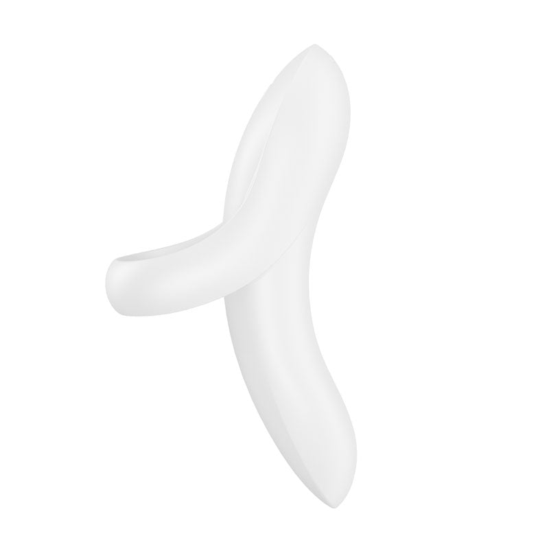 The Satisfyer Bold Lover in white appears as a sleek, asymmetrical sculpture with elongated arms crossing like modern art, crafted from body-safe silicone against a plain white background, hinting at its elegance as a USB rechargeable finger stimulator for targeted pleasure.