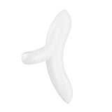 The Satisfyer Bold Lover in white appears as a sleek, asymmetrical sculpture with elongated arms crossing like modern art, crafted from body-safe silicone against a plain white background, hinting at its elegance as a USB rechargeable finger stimulator for targeted pleasure.