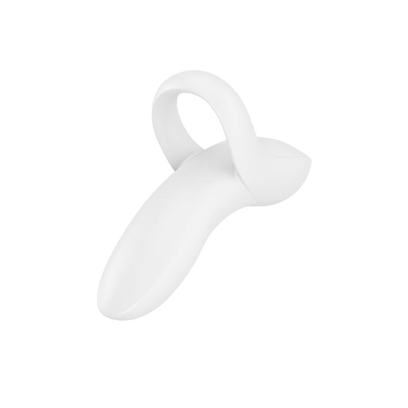 The Satisfyer Bold Lover is a sleek, white USB rechargeable finger stimulator crafted from body-safe silicone. It features a curved, ergonomic design with a looped handle and smooth surface, similar to a modern fitness tracker, offering targeted stimulation for personal wellness.