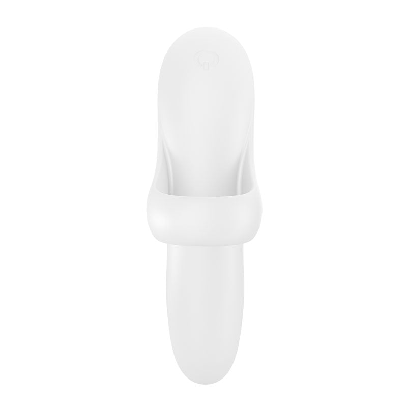 The Satisfyer Bold Lover - White USB Rechargeable Finger Stimulator, crafted from body-safe silicone, boasts a smooth elongated oval shape with a wide top opening for storage. Its minimalist and modern design stands out elegantly on a plain white background.