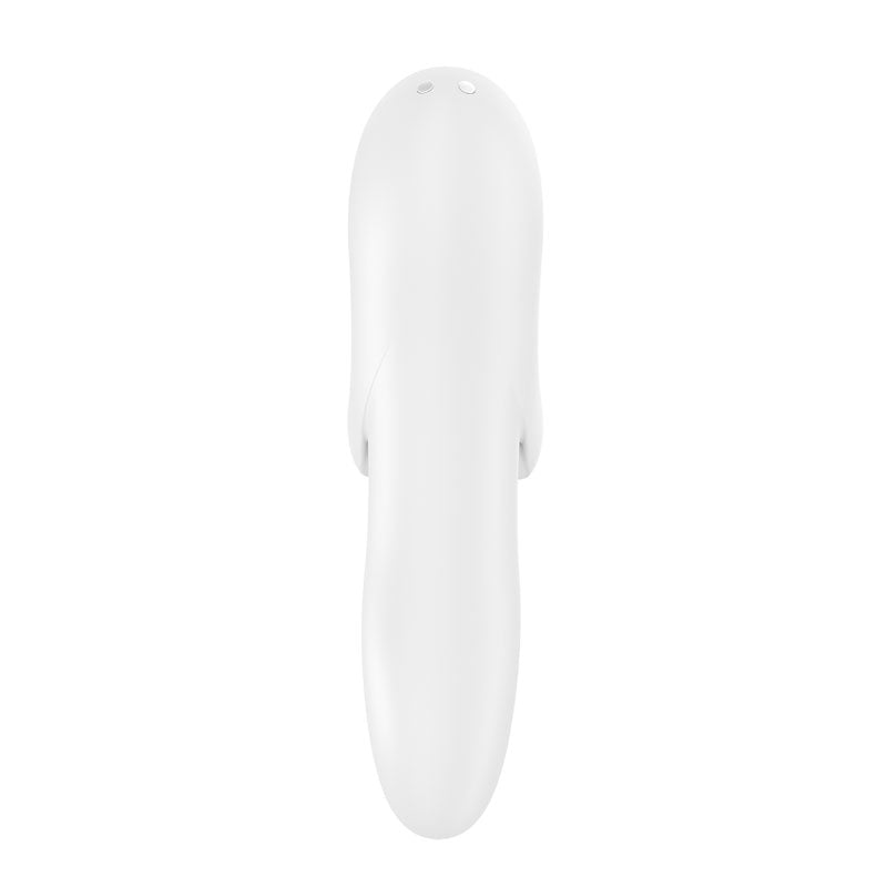 The Satisfyer Bold Lover is a sleek, white, USB rechargeable finger stimulator. Made from body-safe silicone with an ergonomic, elongated shape, it features two circular buttons for easy control and a minimalistic glossy finish for targeted personal care stimulation.