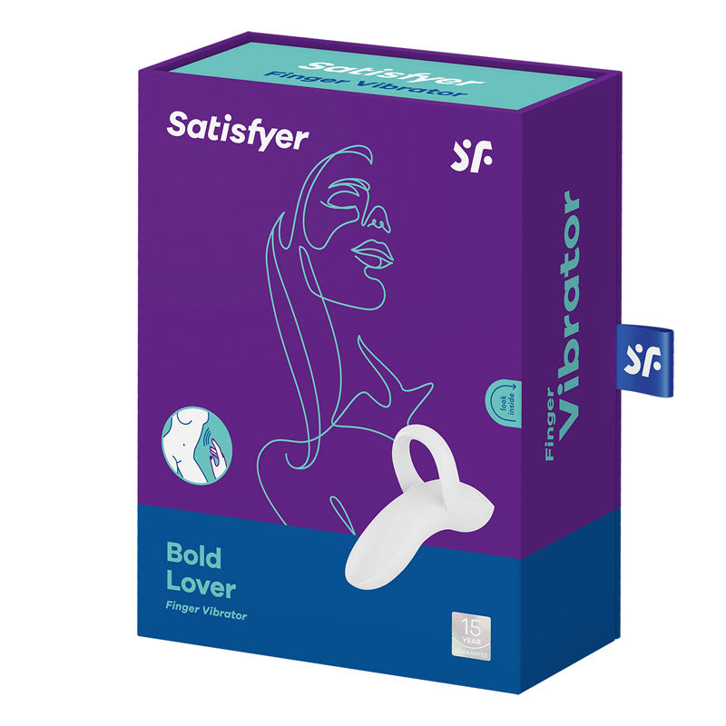 The image shows a blue box with purple accents for the Satisfyer Bold Lover - White USB Rechargeable Finger Stimulator, featuring a womans outline. It contains a white finger vibe made from body-safe silicone, emphasizes 15 settings, and promises targeted stimulation.