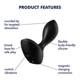 The Satisfyer Backdoor Lover in black features a rounded tip for targeted stimulation, a broad base for safety, and text labels highlighting control vibrations, flexible body-friendly silicone, and magnetic charging connection.