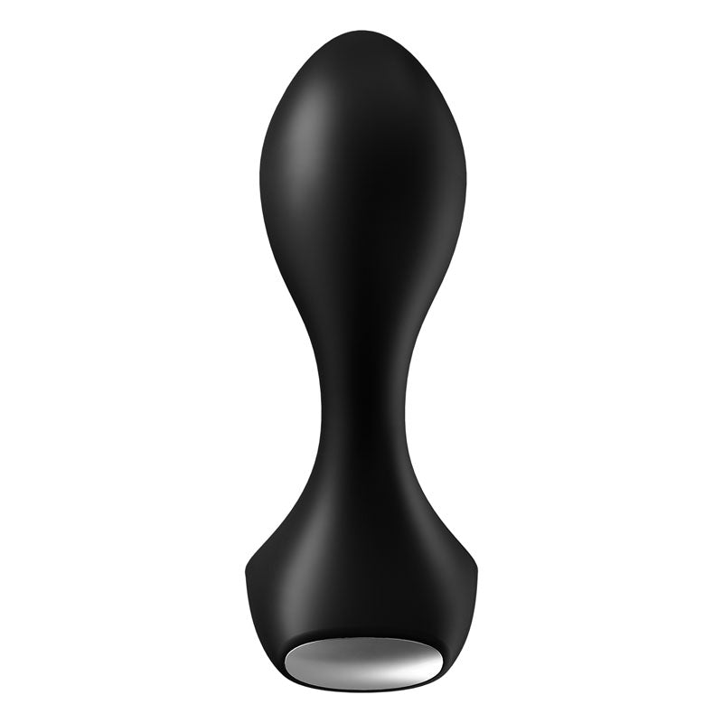 The Satisfyer Backdoor Lover is a black, teardrop-shaped vibrating butt plug crafted from body-friendly silicone with a sleek design and silver-accented flat base, offering modern and minimalist aesthetics.