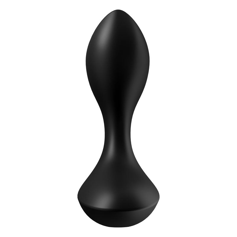 The Satisfyer Backdoor Lover is a black silicone vibrating butt plug boasting a sleek, modern design with a tapered oval top and wide base for stability. Its ergonomic and discreet shape makes it ideal for various uses, while the smooth surface enhances its appeal. Rechargeable via USB.