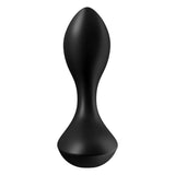 The Satisfyer Backdoor Lover is a black silicone vibrating butt plug boasting a sleek, modern design with a tapered oval top and wide base for stability. Its ergonomic and discreet shape makes it ideal for various uses, while the smooth surface enhances its appeal. Rechargeable via USB.