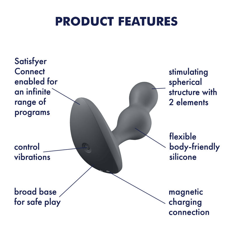 The Satisfyer Deep Diver is a black, vibrating butt plug with two stimulating elements. It features app control for endless programs, vibration adjustment, a broad base for safety, flexible silicone for comfort, and a magnetic charging connection.