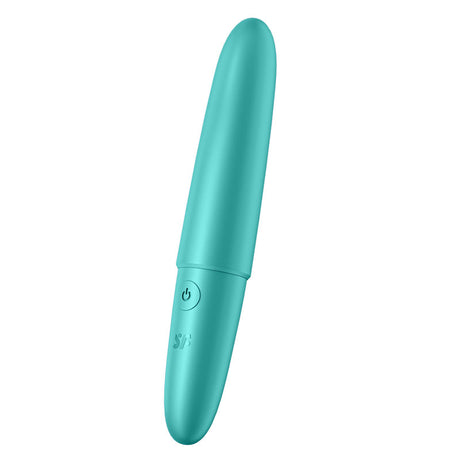 The Satisfyer Ultra Power Bullet 6 - Turquoise USB Rechargeable Bullet is a teal, cylindrical massager made of body-friendly silicone. It has a smooth surface with ULTRA POWER BULLET 6 technology, a base power button, and an embossed logo on its sleek design divided into two tapered sections.