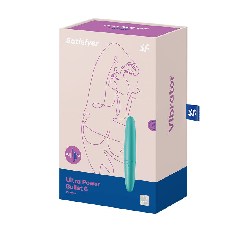 The Satisfyer Ultra Power Bullet 6 - Turquoise USB Rechargeable Bullet box features a minimalist profile line drawing, with text in purple and blue. It contains a teal silicone vibe and has a pull tab labeled SF on the side.