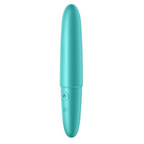 The Satisfyer Ultra Power Bullet 6 is a turquoise, bullet-shaped vibrator made from body-safe silicone. With a smooth, rounded tip and tapered end, it includes an embossed power button for easy control, making it a sleek and modern device ideal for personal use.