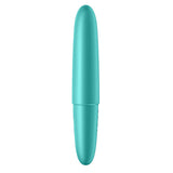 A Satisfyer Ultra Power Bullet 6 in turquoise, made from body-safe silicone, features a glossy finish. This bullet-shaped vibe with a rounded tip and seamless design stands vertically on a plain white background.