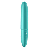 The Satisfyer Ultra Power Bullet 6, in turquoise, features a sleek cylindrical design with a smooth surface and a slightly tapered end. Equipped with small control buttons and indicator lights, it houses one of the most powerful motors in bullet vibes today.