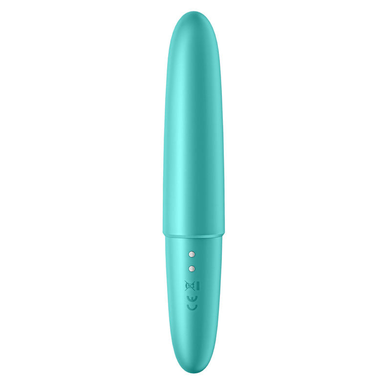 The Satisfyer Ultra Power Bullet 6 is turquoise, oval-shaped, with a compact, elongated design. Made from body-friendly silicone, it features two metal prongs and a front power button with indicator lights.