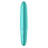 The Satisfyer Ultra Power Bullet 6 is turquoise, oval-shaped, with a compact, elongated design. Made from body-friendly silicone, it features two metal prongs and a front power button with indicator lights.