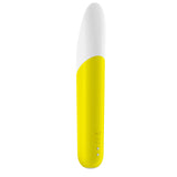 The Satisfyer Ultra Power Bullet 7 - Yellow features a modern design with a rounded shape, white top, and bright yellow bottom. Made of body-friendly silicone, it includes three silver buttons near the base for control functions.