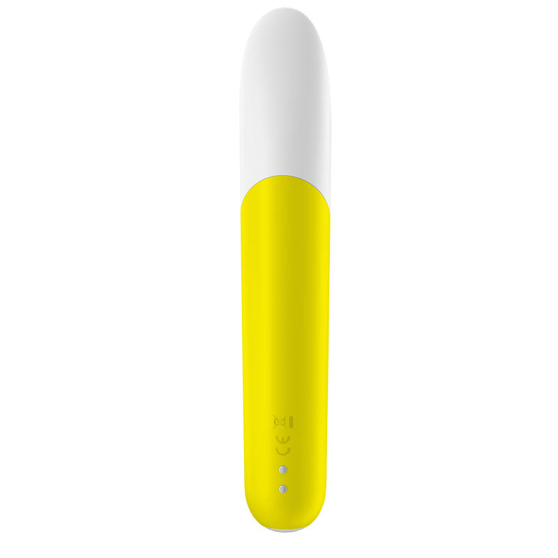 A modern, minimalistic design similar to the Satisfyer Ultra Power Bullet 7—this cylindrical object features a white top, vibrant yellow silicone body with icons, two LED indicators at the base, a smooth surface, and rounded edges for a sleek look.