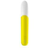 A modern, minimalistic design similar to the Satisfyer Ultra Power Bullet 7—this cylindrical object features a white top, vibrant yellow silicone body with icons, two LED indicators at the base, a smooth surface, and rounded edges for a sleek look.