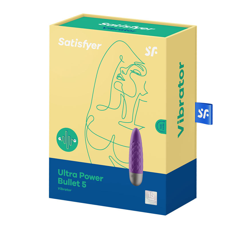 The Satisfyer Ultra Power Bullet 5s packaging is vibrant yellow with teal face line art. It highlights a purple, quilted-texture bullet vibrator made from body-friendly silicone, offering 15 intensity levels. The branding and logo in purple and teal grace the top right corner.