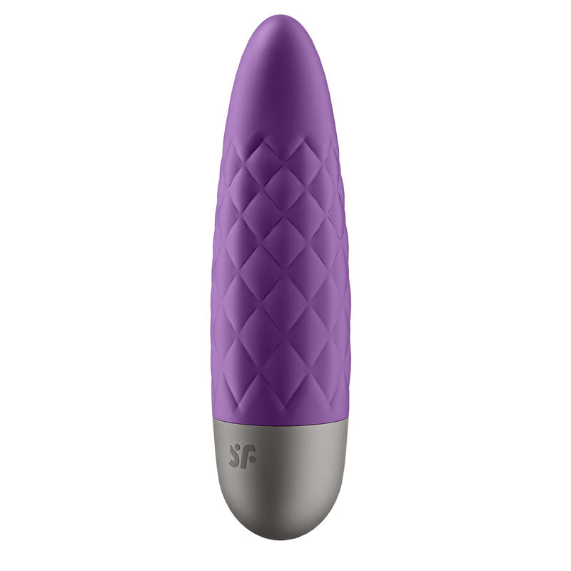 Introducing the Satisfyer Ultra Power Bullet 5 - Purple USB Rechargeable Bullet, a vibrator with a purple bullet-shaped body featuring a quilted texture leading to a smooth gray base. Made from body-friendly silicone, its sleek design includes the brand logo prominently displayed on the base, embodying elegance.