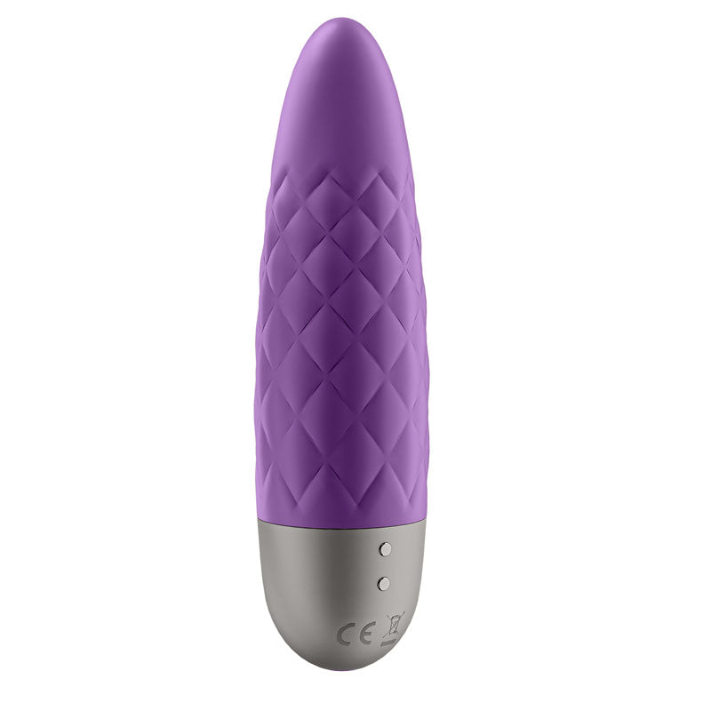 The Satisfyer Ultra Power Bullet 5 in purple is an egg-shaped massager with a textured crisscross pattern, crafted from body-friendly silicone. It features a metallic gray base with button controls and certification markings, able to stand upright against a plain white background.