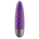 The Satisfyer Ultra Power Bullet 5 - Purple USB Rechargeable Bullet is a purple vibrator with a bulbous, quilted silicone surface, featuring a smooth gray metallic base with an embossed logo. Its sleek, tapered design offers a modern aesthetic for bullet vibe enthusiasts.