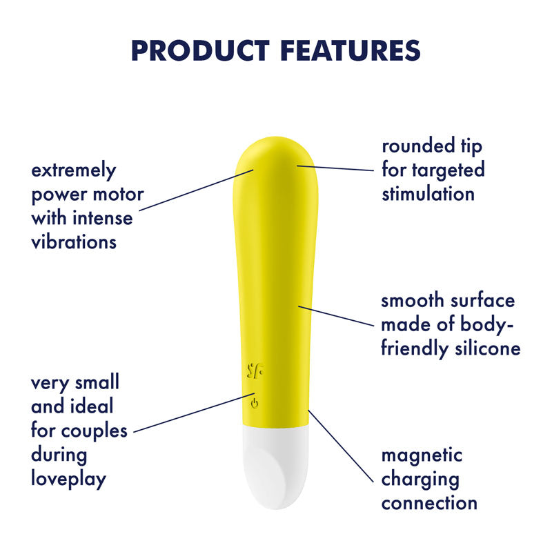 The Satisfyer Ultra Power Bullet 1 features a yellow silicone design with a rounded tip, white base, and intense vibrations. Its magnetic USB charging makes it perfect for couples during lovemaking.