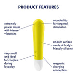 The Satisfyer Ultra Power Bullet 1 features a yellow silicone design with a rounded tip, white base, and intense vibrations. Its magnetic USB charging makes it perfect for couples during lovemaking.