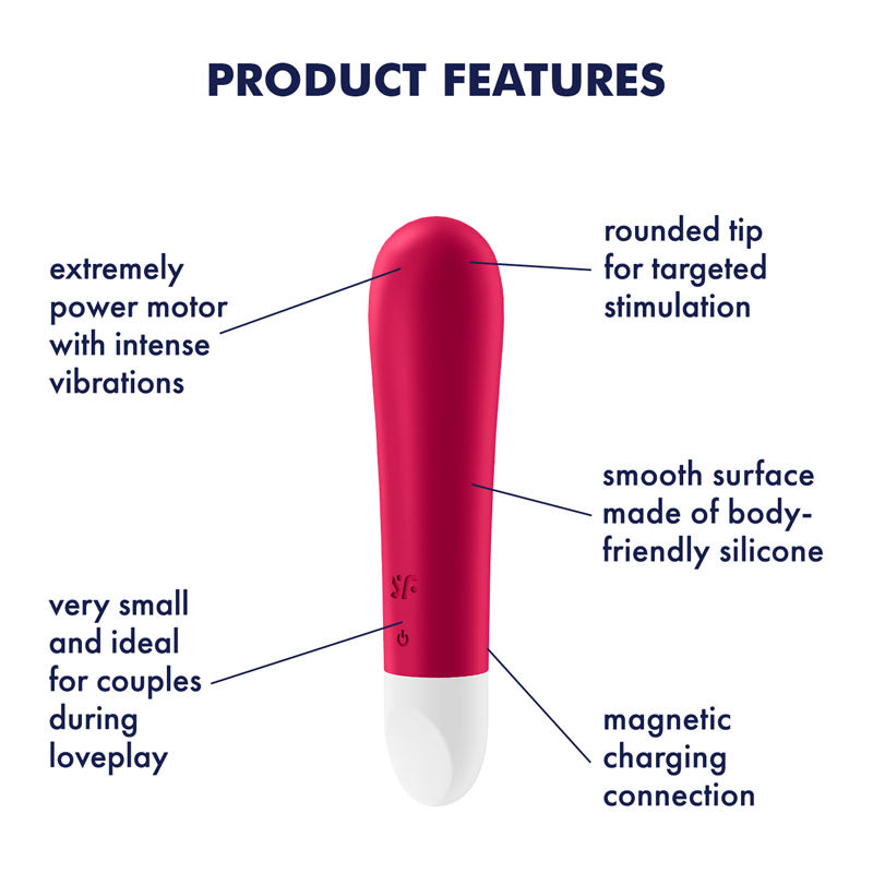 Diagram of the Satisfyer Ultra Power Bullet 1 in red, highlighting its powerful motor for intense vibrations. This compact bullet vibe is perfect for couples, featuring a rounded tip for targeted stimulation and a smooth, body-safe silicone surface with magnetic USB charging.