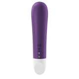 The Satisfyer Ultra Power Bullet 2, a purple rechargeable bullet vibe, features a smooth, rounded design. The top two-thirds are purple and the bottom third white with power and caution icons located near the base. It stands upright against a white backdrop for focused stimulation.