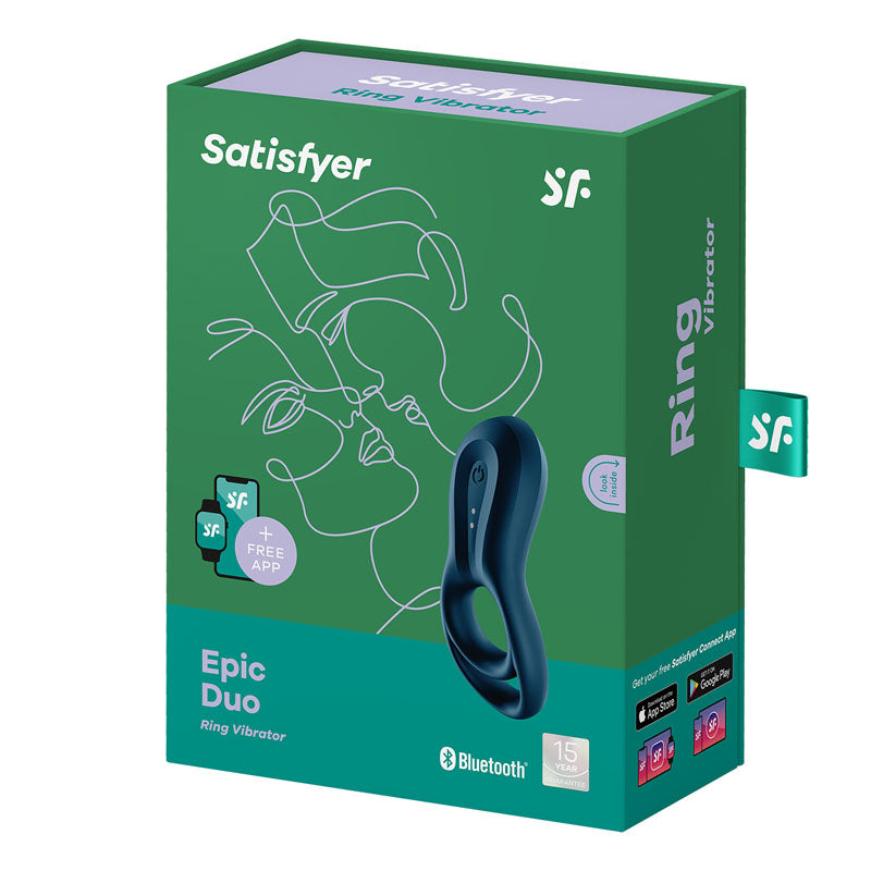 The navy blue box of the Satisfyer Epic Duo - Navy Blue USB Rechargeable Cock & Balls Ring with App Control features line art of two faces, a Bluetooth symbol, and 15-year warranty text. Made from waterproof silicone, it offers tech-enhanced intimacy via app-enabled double vibrating penis rings.