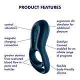 Image of the navy blue Satisfyer Epic Duo highlighting its features: vibration control, ergonomic clit stimulator, waterproof silicone, magnetic charging connection, app-enabled technology via Satisfyer Connect, enhanced stamina with double vibrating penis rings, and flexible body-friendly design.