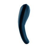 A sleek, modern Satisfyer Epic Duo, crafted for comfort using body-friendly silicone, shown against a plain white background. Its navy blue, elongated shape features defined edges and a smooth surface, exuding an abstract and futuristic vibe. This USB rechargeable cock & balls ring also offers app control.