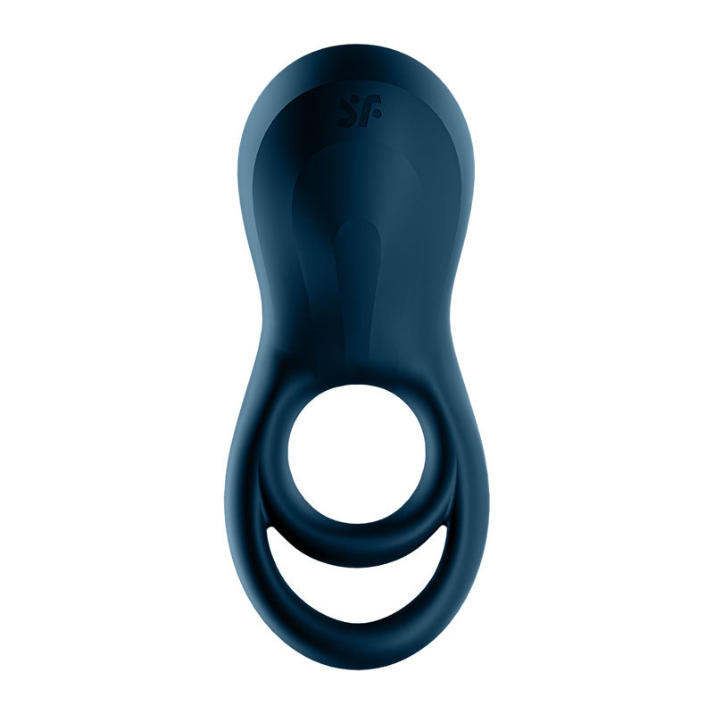 The Satisfyer Epic Duo is a comfortable navy blue silicone cock & balls ring with body-friendly material, featuring two loops, a solid top portion, subtle brand embossing, and ergonomic contours. Its optimized for app-enabled use and USB rechargeable.