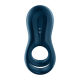 The Satisfyer Epic Duo, a navy blue silicone app-controlled cock and balls ring, features an oval shape, prominent power button on top, two circular openings at the bottom, smooth surface with three indicator lights below. Its modern design is sleek and USB rechargeable.