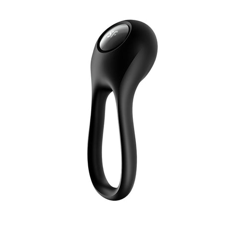 The Satisfyer Majestic Duo is a black USB rechargeable cock ring with an ergonomic design, featuring body-friendly silicone, a teardrop-shaped head, and a looped handle. Its sleek look and the symbol on the head promote functionality similar to vibrating penis rings.